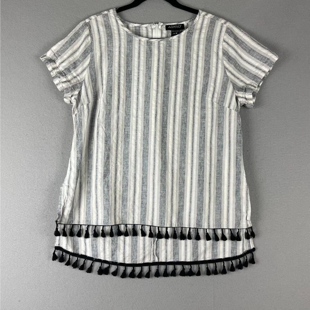 Ashro Linen Blend Top Womens 14 Striped Tassel Short Sleeve Artsy Beach Nautical